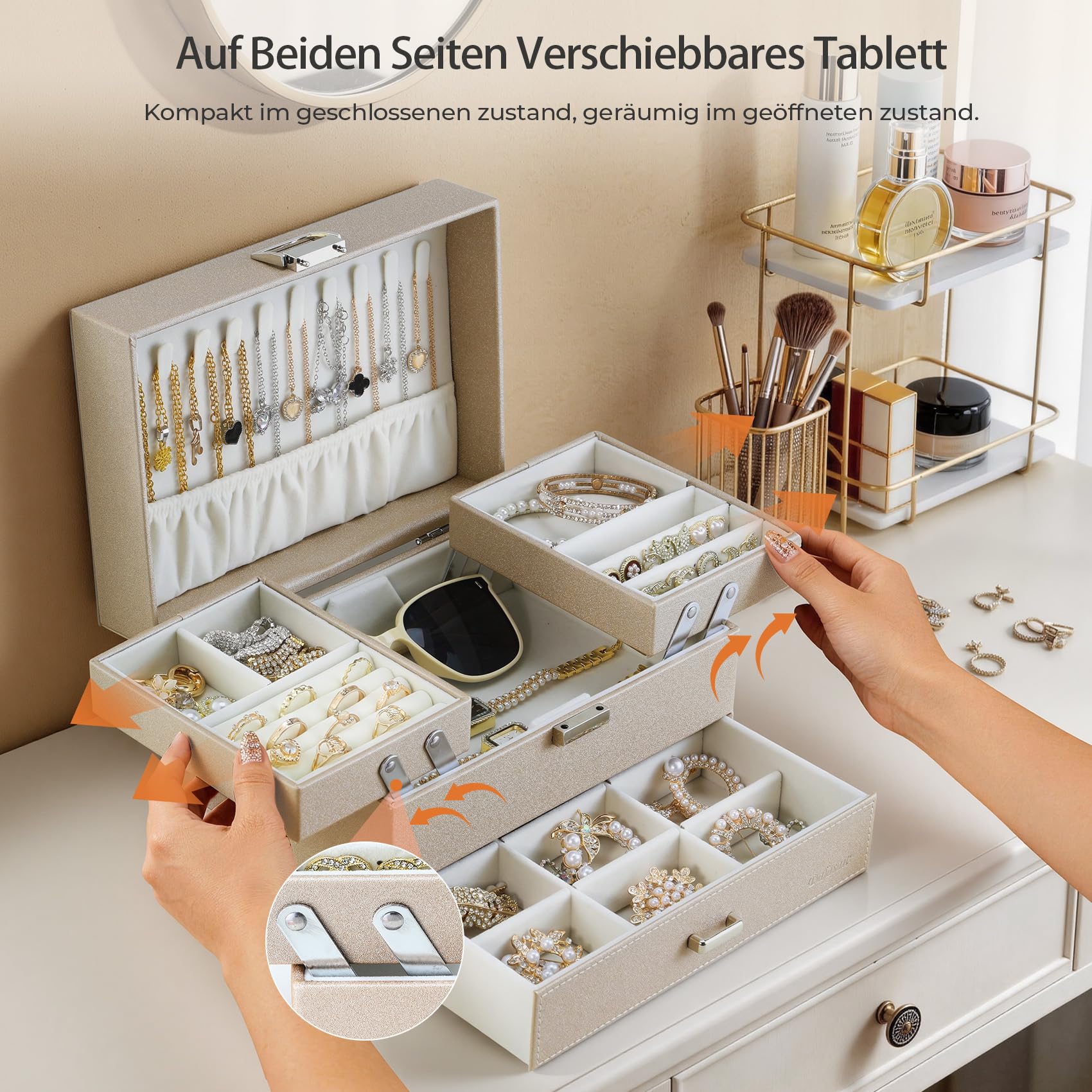 Dajasan Large Jewelry Box Schmuckkästchen Champagner 3 Ebenen