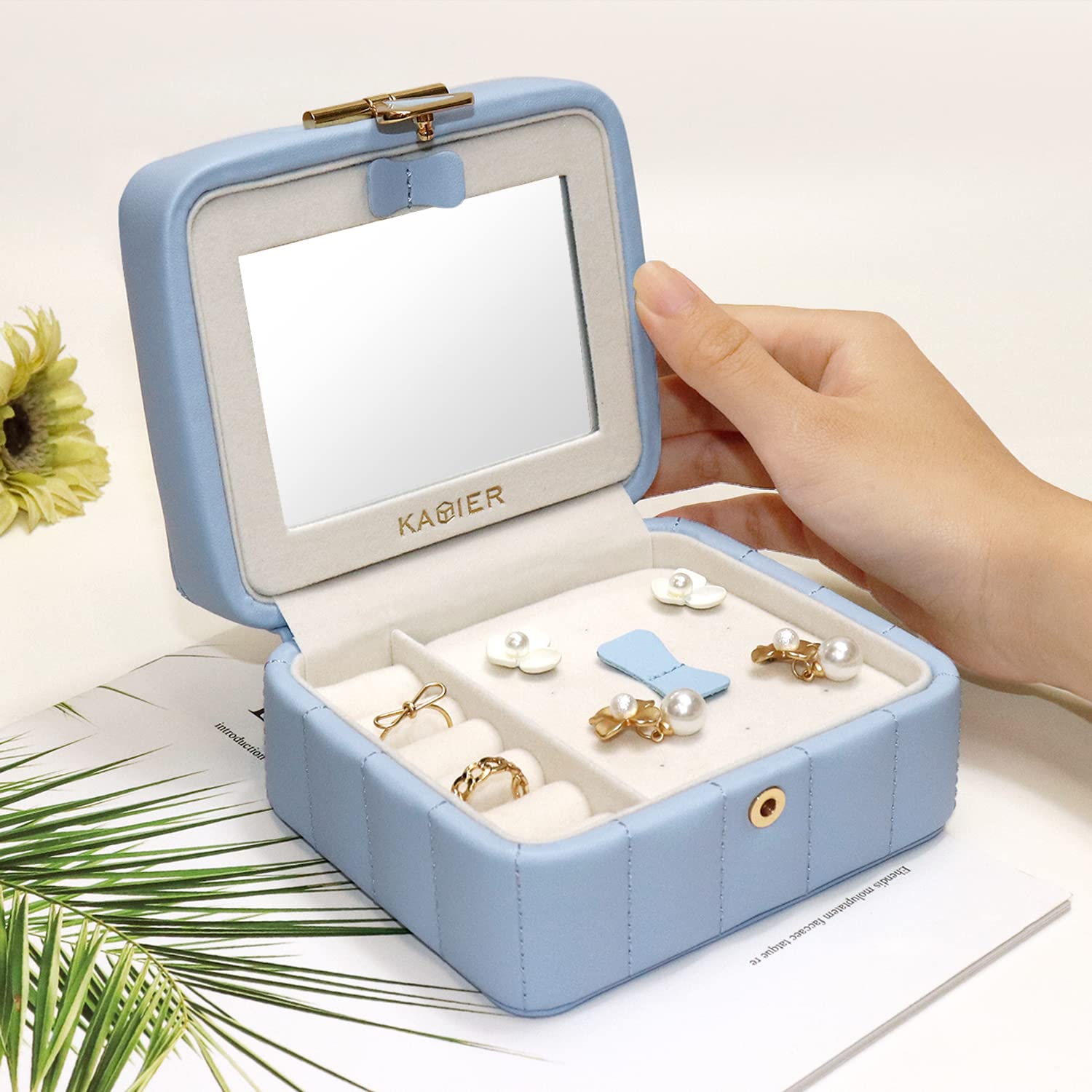 KAMIER Mini Schmuckkästchen Reise Schmuckbox Blau mit Spiegel