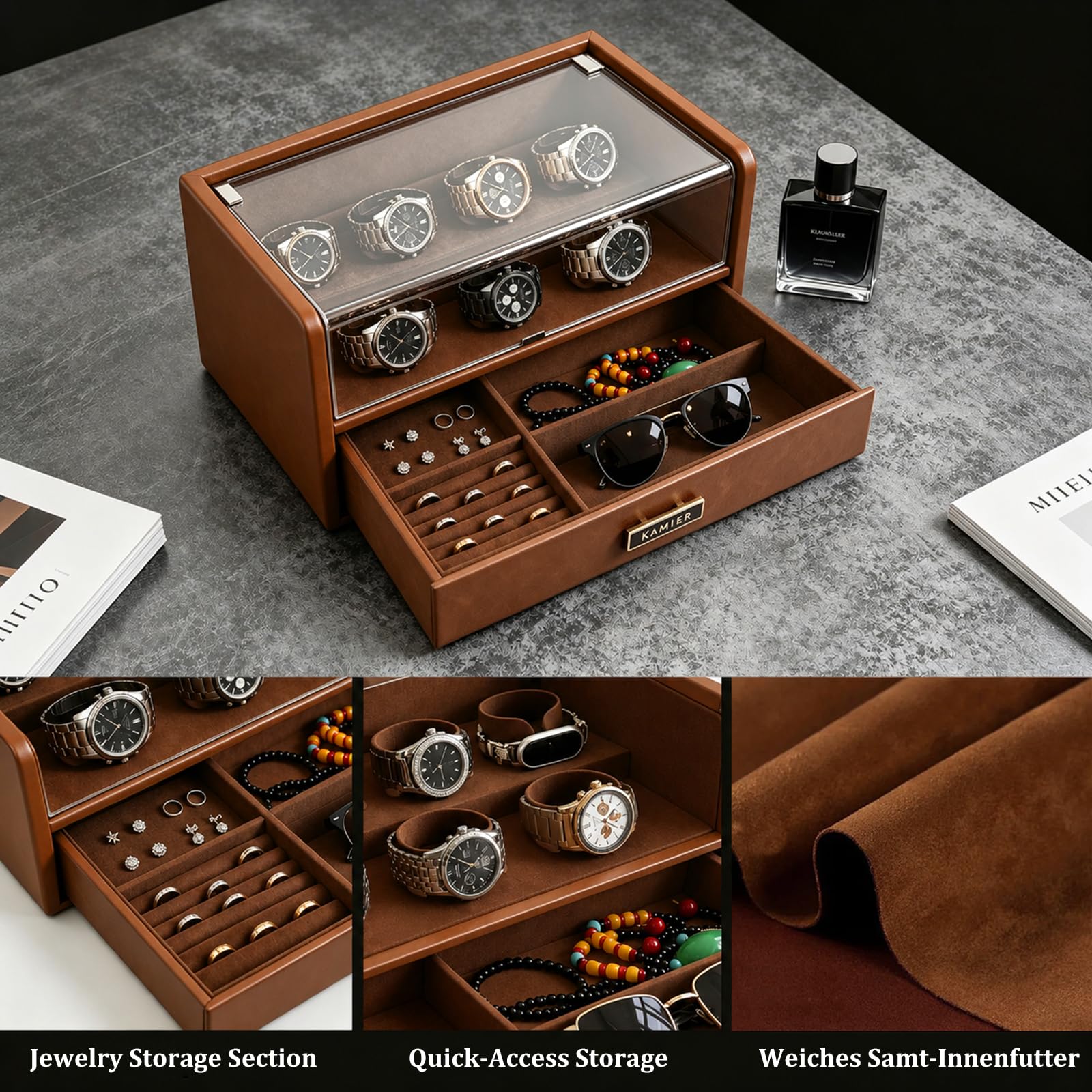 KAMIER Watch Boxes Uhrenbox Braun 7 Fächer Glasdeckel