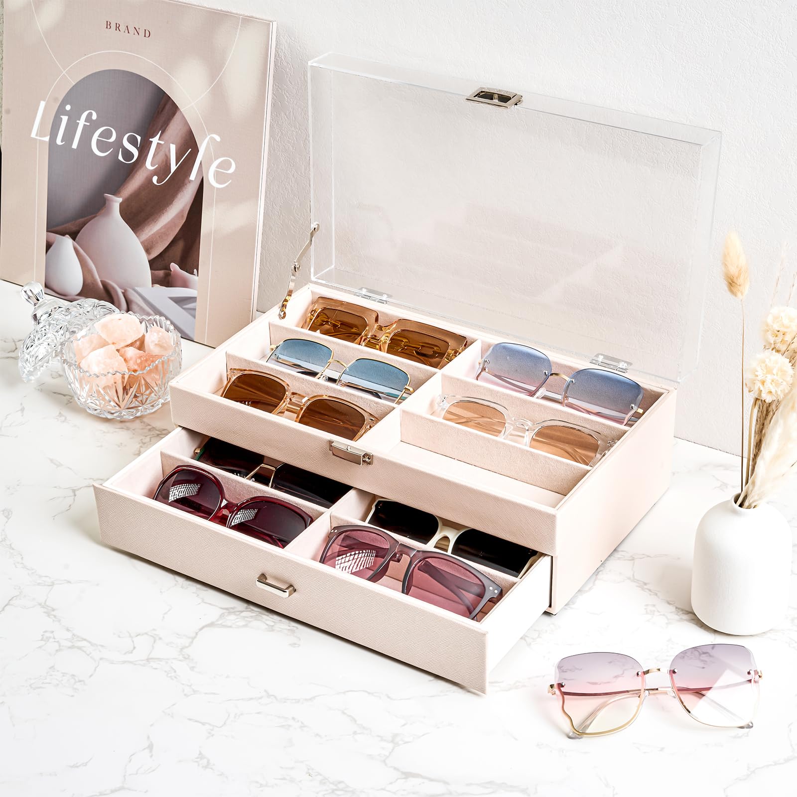 Lolalet Sunglass Box Brillenbox Schwarz 12 Fächer Acryldeckel