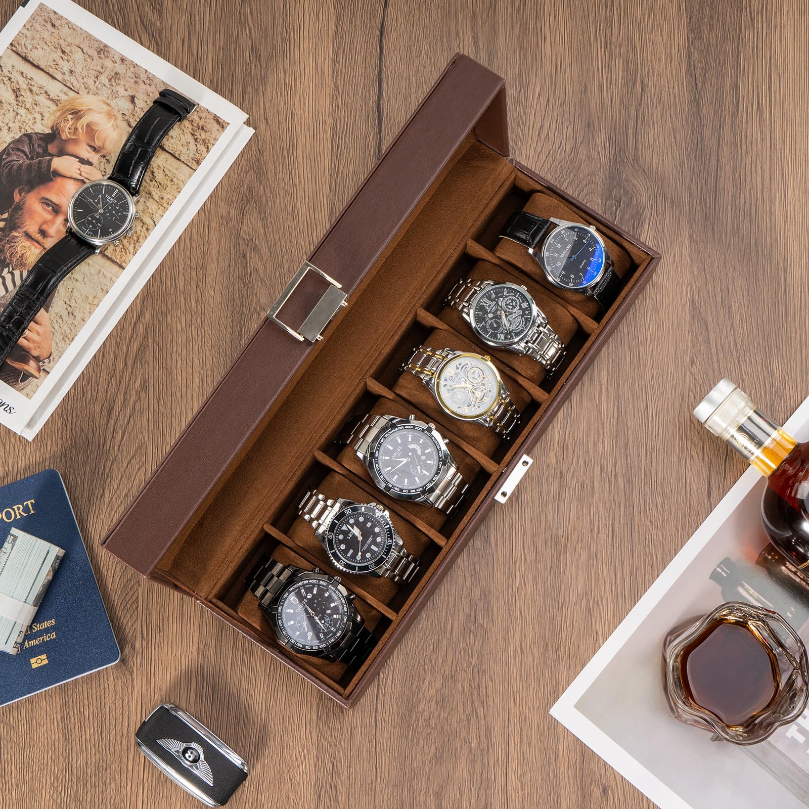 Lolalet Watch Box Uhrenbox 6 Fächer Schwarz Glasdeckel PU