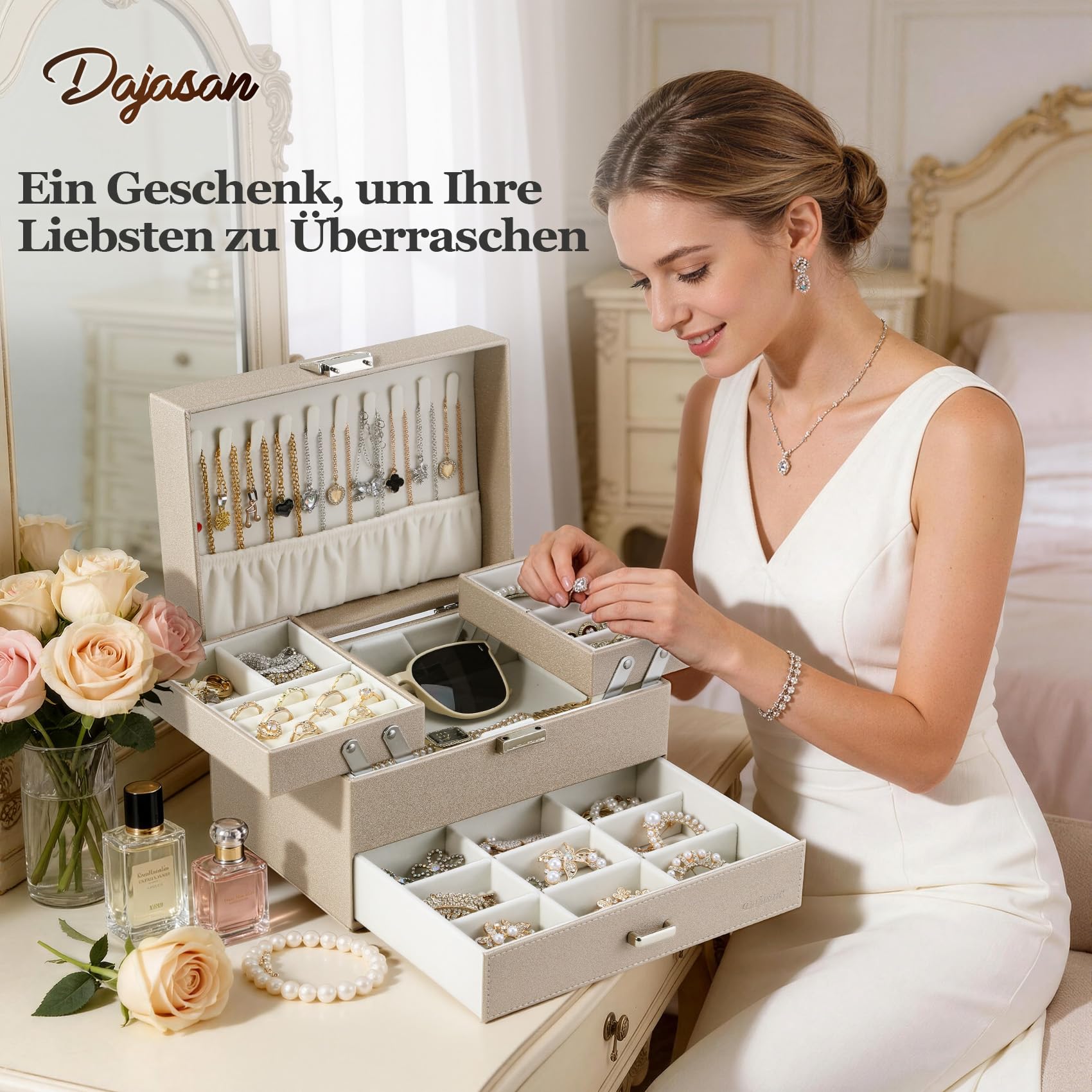 Dajasan Large Jewelry Box Schmuckkästchen Champagner 3 Ebenen