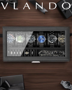 Vlando His Essentials Uhrenbox 6 Fächer Glasdeckel