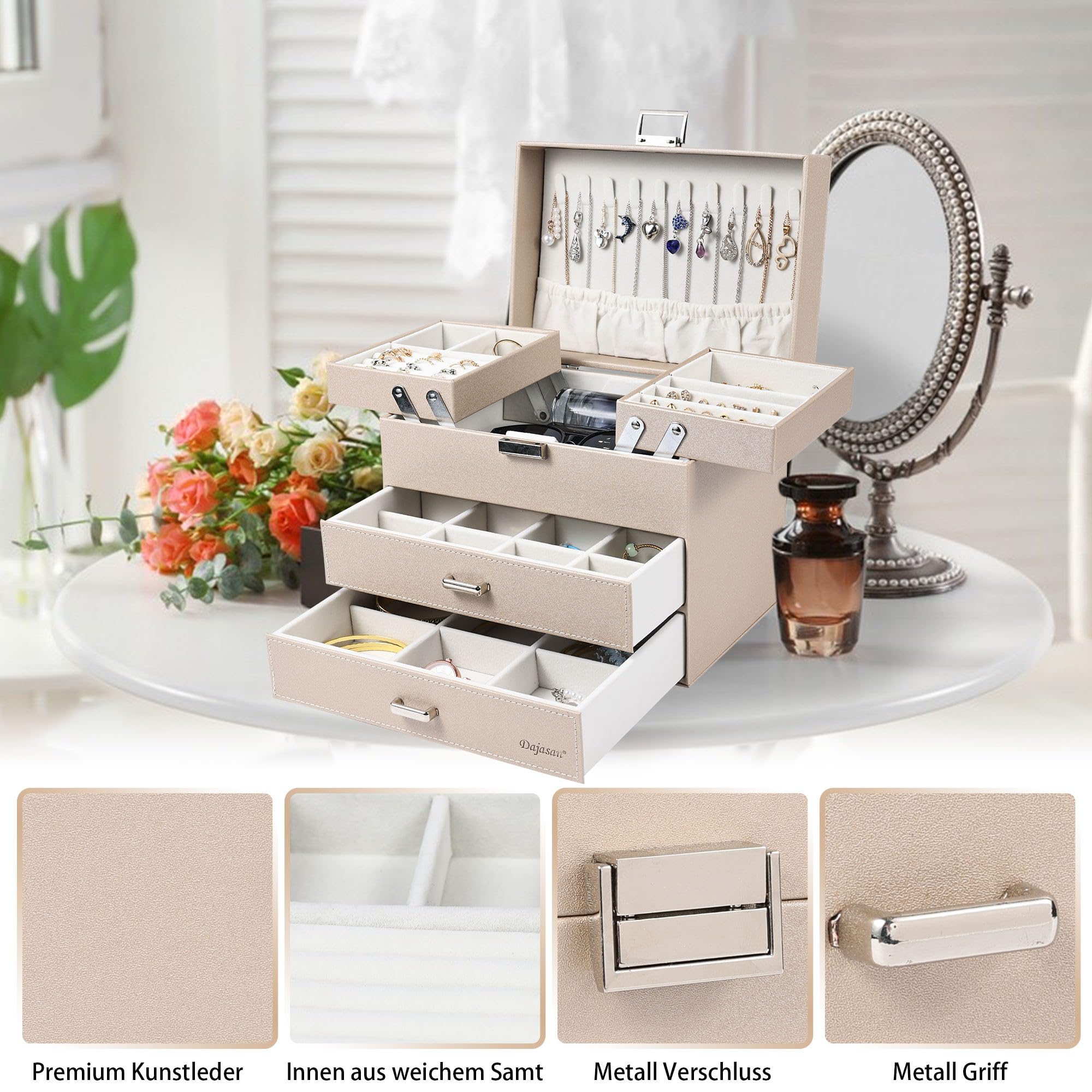 Dajasan Large Jewelry Box Schmuckkästchen Champagner 4 Ebenen