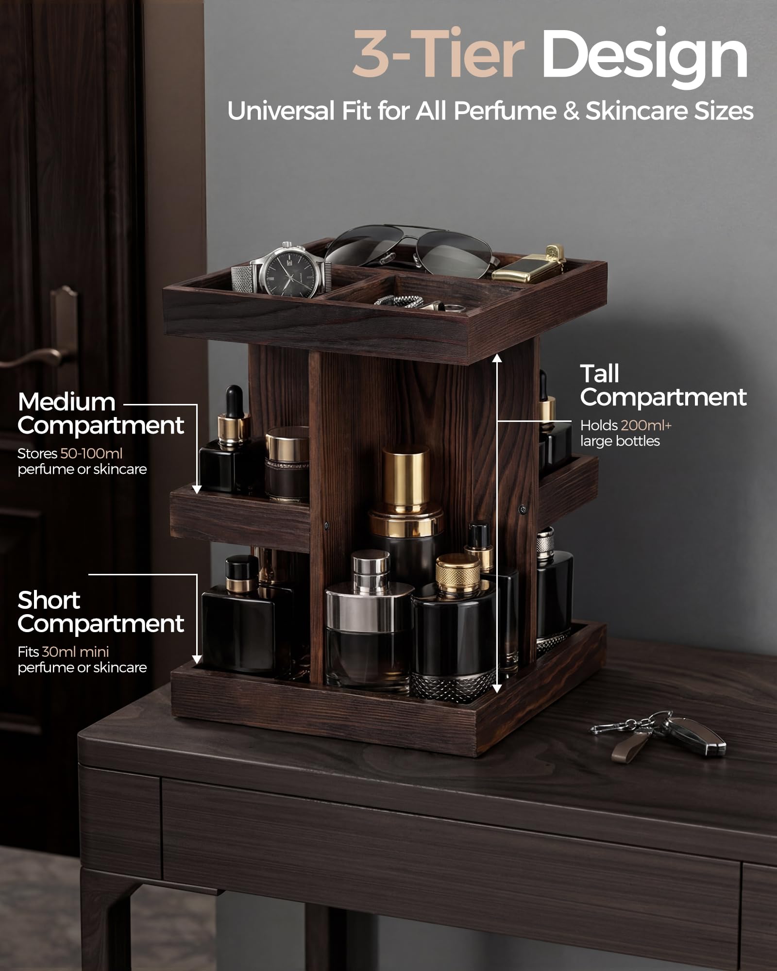 Lolalet Jewelry Stand Organizer Schwarz 3 Ebenen 360° Holz