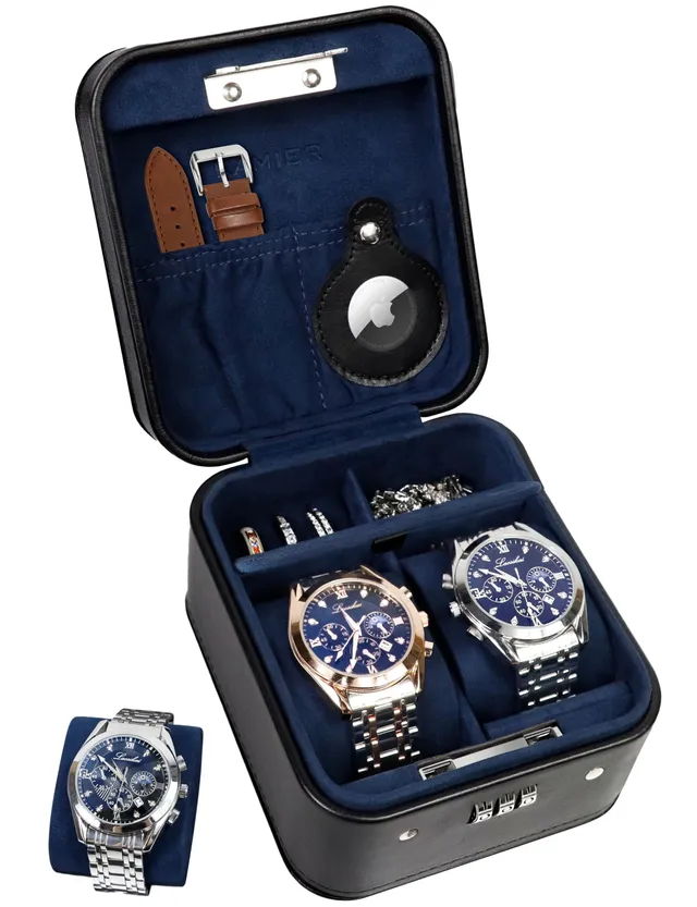 KAMIER Watch Boxes Uhrenbox 2 Uhren Schwarz PU-Leder Schloss