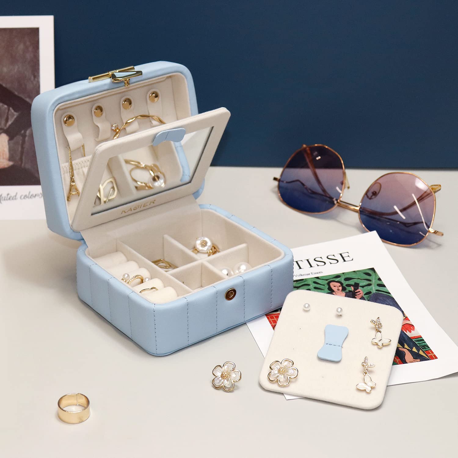 KAMIER Mini Schmuckkästchen Reise Schmuckbox Blau mit Spiegel