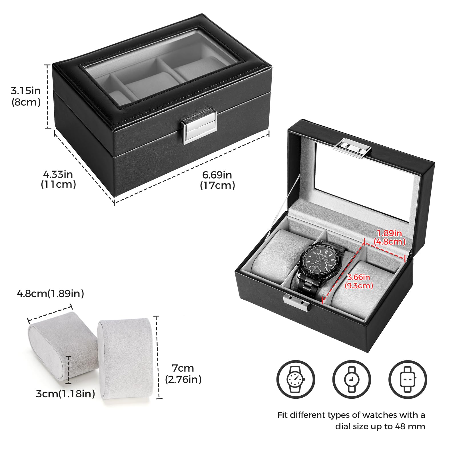 Lolalet Watch Box Uhrenbox Schwarz PU Glasdeckel Kissen
