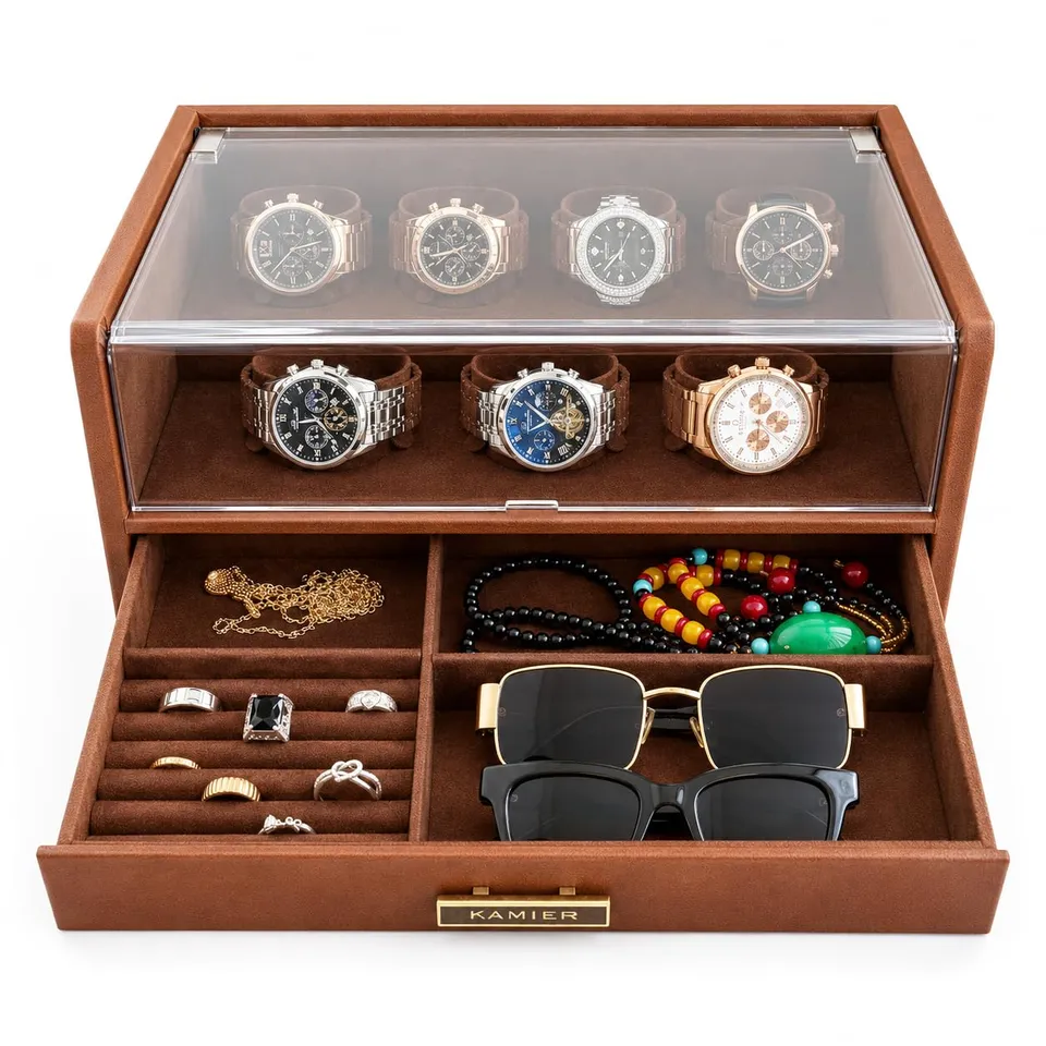 KAMIER Watch Boxes Uhrenbox Braun 7 Fächer Glasdeckel